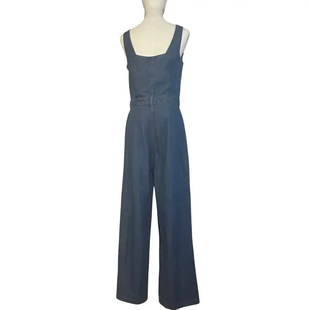 Sincerely Jules Denim Jumpsuit Blue L Wide Leg Button Front Y2K - Picture 14 of 16